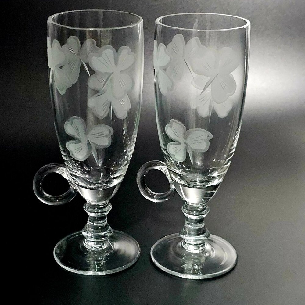 Avitra Handled Irish Coffee Glasses 6" etched Shamrock clovers vintage crystal